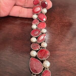 sterling silver vintage genuine ruby and pearl  Women's toggle Bracelet heavy